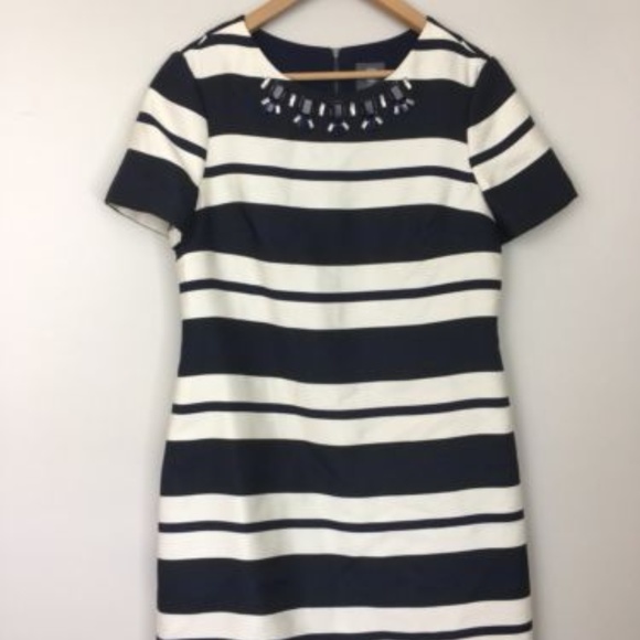 Vince Camuto Dresses & Skirts - Vince Camuto navy white striped dress jeweled neck